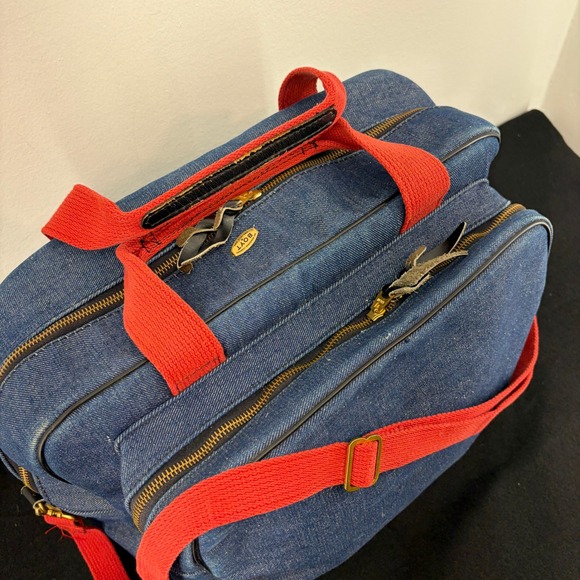 Vintage BOYT Carry On Bag Luggage Blue Denim Canvas Red Strap Travel Iowa Falls - Picture 3 of 14